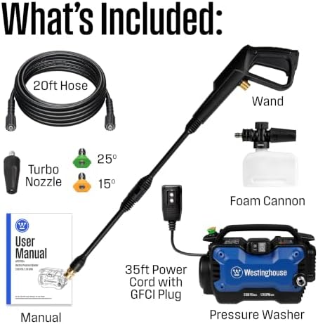 westinghouse epx3100s electric pressure washer, 2100 max psi, package contents