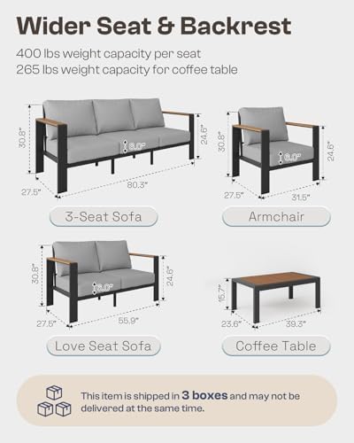aluminum outdoor patio furniture set with coffee table, front angle view
