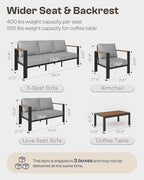 aluminum outdoor patio furniture set with coffee table, front angle view