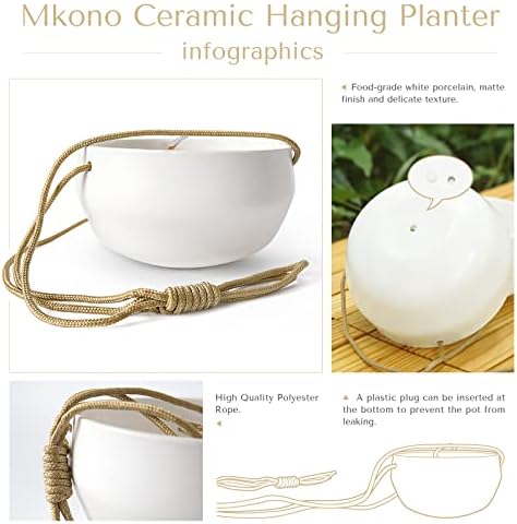 mkono ceramic hanging planter and ceiling hooks, shallow, side view