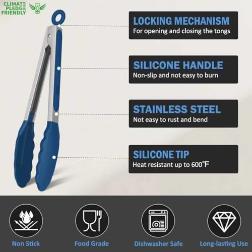 Tongs for Cooking, Stainless Steel Kitchen Tongs with Silicone Tips | 600ºF High Heat-Resistant, Non Scratch, Locking Tong for BBQ Grilling Air Fryer Food Salads, Set of 2 (9" and 12") Navy Blue
