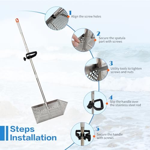 sand flea rake, detachable long handle sand sifter showing dimensions