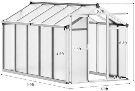 6x10 ft greenhouse, easy assembly aluminum polycarbonate greenhouses, side view