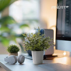 small fake plants in white pulp pot for shown in use