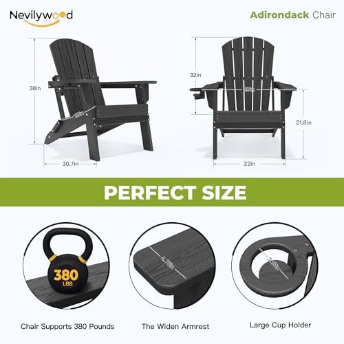Folding Adirondack Chairs Set of 4, HDPE Cup Holders, Black | Patent pinless folding design, 380lbs, Extended backrest, Natural Wood Look, maintenance-free, All-Weather, Quick setup