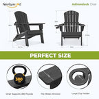 Folding Adirondack Chairs Set of 4, HDPE Cup Holders, Black | Patent pinless folding design, 380lbs, Extended backrest, Natural Wood Look, maintenance-free, All-Weather, Quick setup