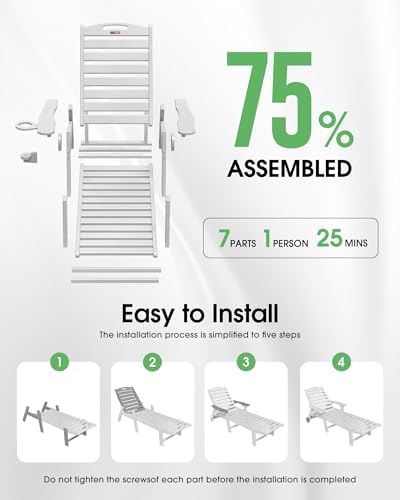 Chaise Lounge Outdoor, Lounge Chair Outdoor with Wood Texture, Adjustable 5-Position Backrest, HDPE Lounge Chair with Wheels & Cup Holder for Pool Deck Backyard, White | All-Weather HDPE lounge chair, 5-level adjustable backrest, wheels and cup holder