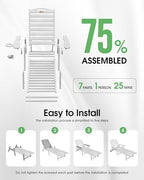 Chaise Lounge Outdoor, Lounge Chair Outdoor with Wood Texture, Adjustable 5-Position Backrest, HDPE Lounge Chair with Wheels & Cup Holder for Pool Deck Backyard, White | All-Weather HDPE lounge chair, 5-level adjustable backrest, wheels and cup holder