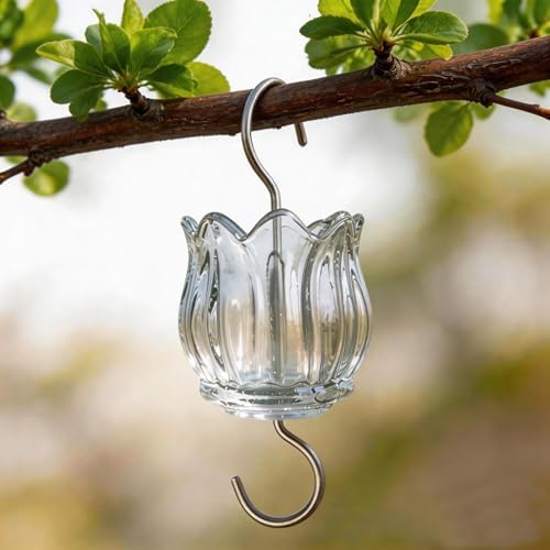 3oz Glass Ant Moat for Hummingbird Feeder, Clear Tulip Insect Guard | Stainless Hooks, Floral Buffer, Nectar Protector, Water Barrier Blocking Bugs, 3 Ounce/90ml Capacity