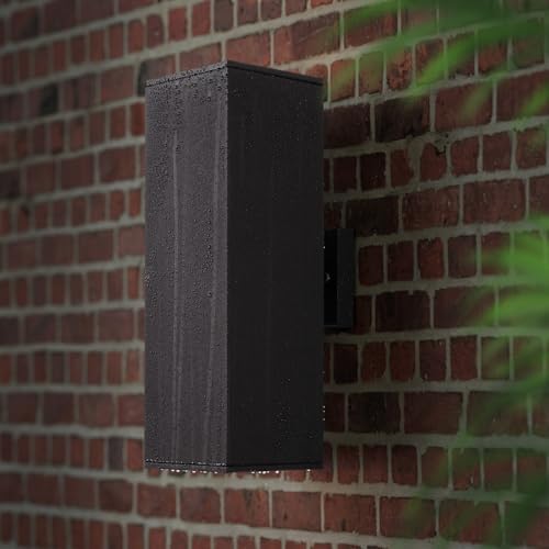 mirrea 18" Modern Outdoor Porch Light in 2 Lights, Matte Black, 2 Pack | Patio wall sconce, aluminum rectangular tube, tempered glass, waterproof. Up & down lighting for outdoor wall mount fixture.