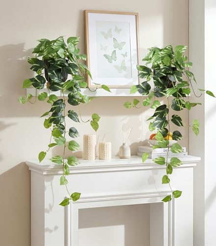 fake plants 2 pcs faux pothos plants potted, front angle view