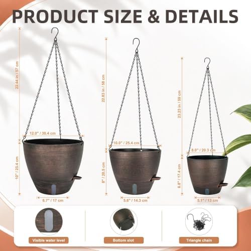 zmtech 12/10/8 inch self watering hanging planter, bronze shown in use