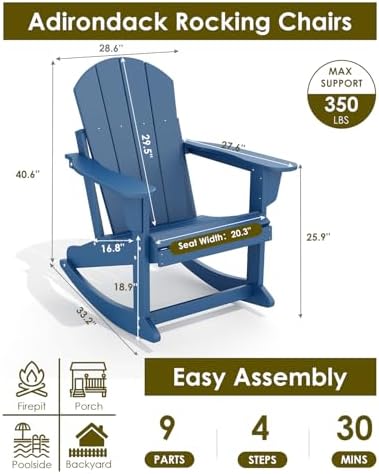 GREENVINES Adirondack Rocking Chairs Set of 2, HDPE Outdoor Rockers, Blue | Heavy Duty Thickened Legs | 5’’ Wide Armrests | All Weather | Porch Rocker Chair | Low Maintenance for Patio Deck Fire Pit