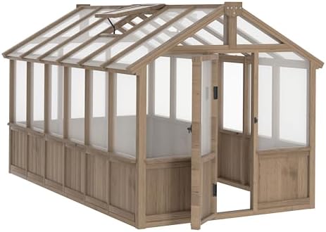 mupater 6'x12' wooden polycarbonate greenhouse,outdoor with ventilated window shown in use