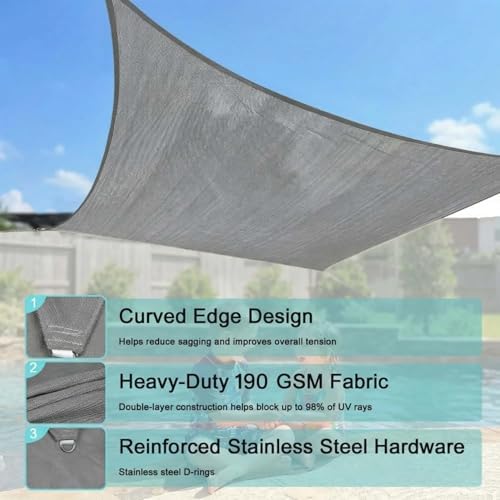 rectangle 8' x 10' gray sun shade sail showing dimensions
