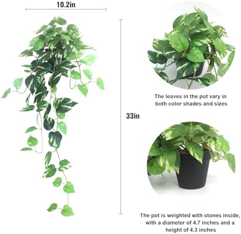 fake pothos hanging plants - 33" set of, close-up detail