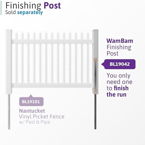wambam nantucket picket fence, white vinyl no dig showing dimensions