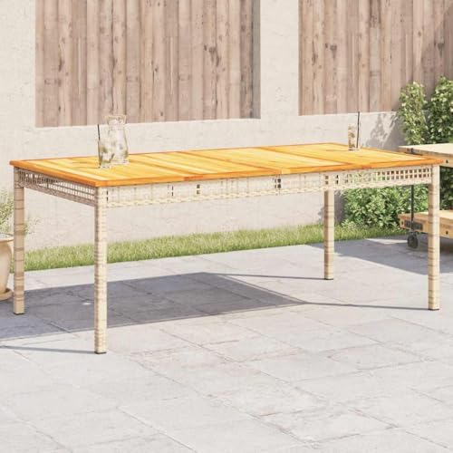 vidaxl patio table beige 70.9"x35.4"x29.5" poly rattan acacia shown in use