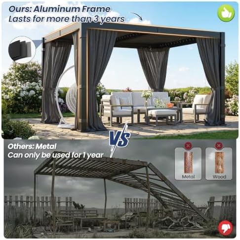 pergola 10'x12' with thick aluminum frame, adjustable roof shown in use