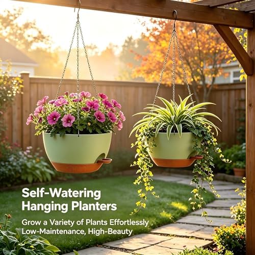 12 inch self‑watering hanging planters plant pots, green‑brown, front angle view