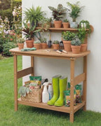 hips outdoor potting table bench with 3-tier storage shown in use
