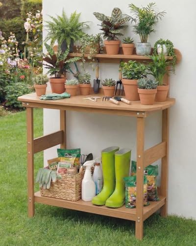 hips outdoor potting table bench with 3-tier storage shown in use