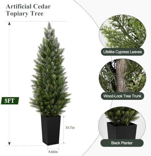5ft artificial topiary trees with black planter, tall showing dimensions