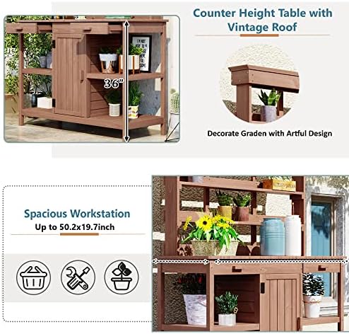 66" large outdoor farmhouse wooden potting bench table, side view