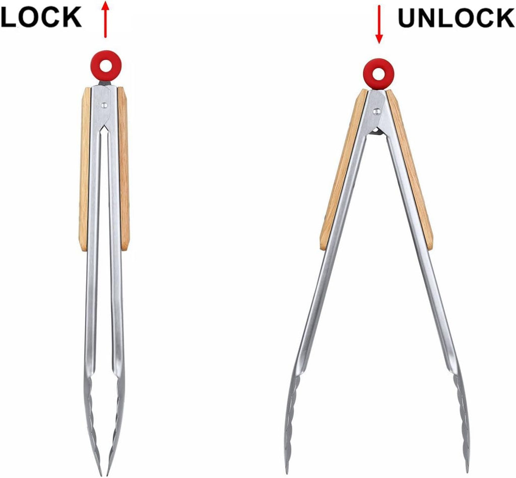 Stainless Steel Kitchen Tongs Set of 2-9" and 12",Locking Metal Food Tongs with Acacia Wood Grips,Barbecue Tongs for Pans and BBQ