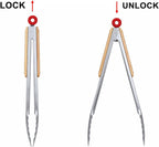 Stainless Steel Kitchen Tongs Set of 2-9" and 12",Locking Metal Food Tongs with Acacia Wood Grips,Barbecue Tongs for Pans and BBQ