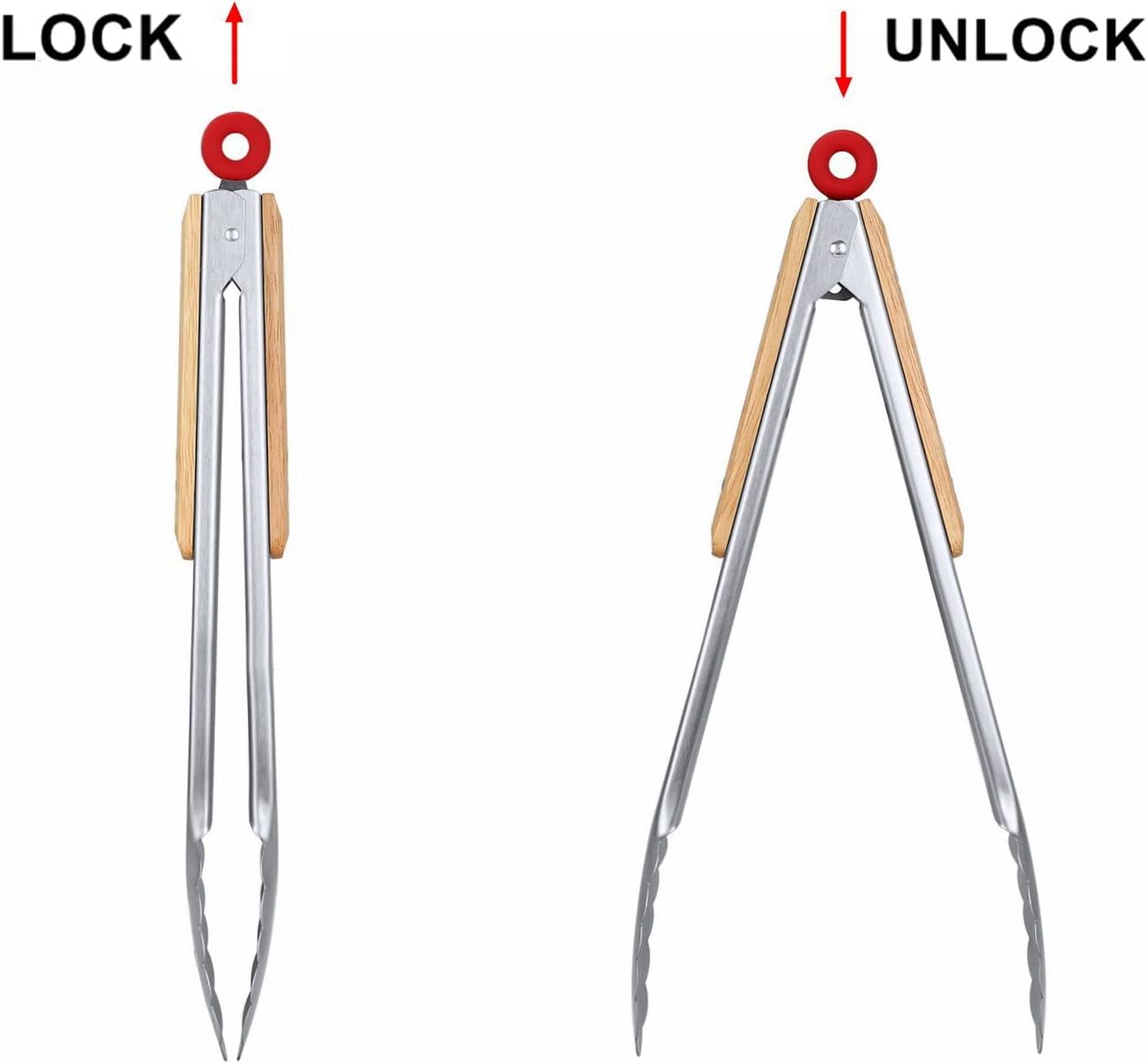 Stainless Steel Kitchen Tongs Set of 2-9" and 12",Locking Metal Food Tongs with Acacia Wood Grips,Barbecue Tongs for Pans and BBQ