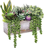 assorted artificial succulents fake plants in rectangular wooden shown in use