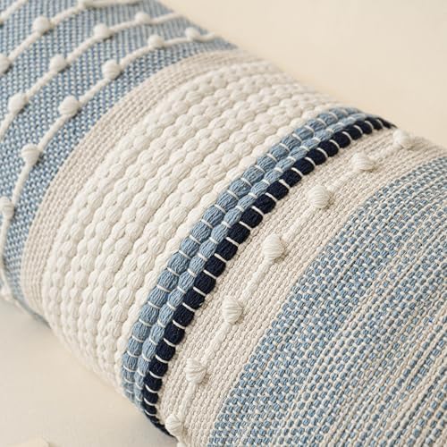 blissblush coastal blue decorative lumbar pillow cover 14x36 on a desk or shelf