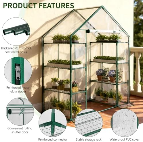 sunyrisy 4 tier dual indoor/outdoor greenhouse with grow showing dimensions