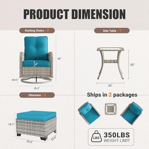 Outdoor Patio Furniture Set Patio Rocking Swivel Chair with Ottomans Outdoor Wicker Rattan Bistro Set with Tempered Glass Side Table for Garden, Deck, and Balcony, Turquoise
