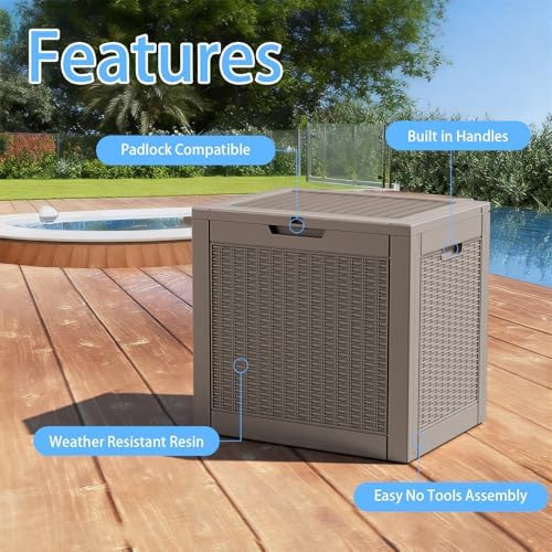 31 gallon deck box, lockable waterproof outdoor storage shown in use