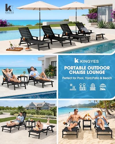 HDPE Lounge Chair Outdoor Set of 2, All Weather Pool Lounger | 5 Position Adjustable Backrest Patio Chaise Lounge with Cup Holder for Outside, Black