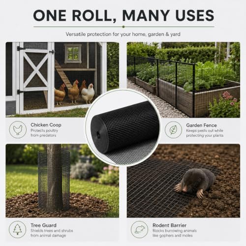 GoldPeak Black Hardware Cloth 1/2 Inch Mesh 48 Inch x 100 Foot 19 Gauge | Vinyl Coated Welded Wire Mesh Roll Chicken Wire Fencing Garden Fence Tree Guard Hardware Mesh Wire Fence Roll