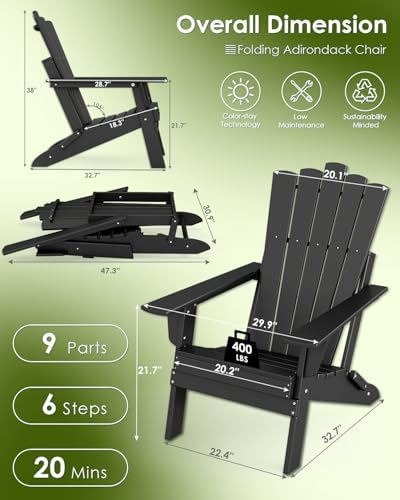 GREENVINES Folding-Adirondack-Chairs-Set-of-2 | HDPE Plastic | Throne Series | Fire Pit Chair | All Weather | for Outdoor Patio Deck Backyard Poolside | Black