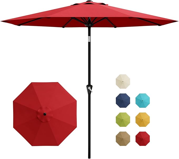 Garvee 9FT Patio Umbrella - Outdoor Table Umbrella with Smooth Crank Lift, Push Button Tilt and 8 Sturdy Ribs - Market Umbrella UV Protection Waterproof for Pool, Deck, Yard, Garden -Red