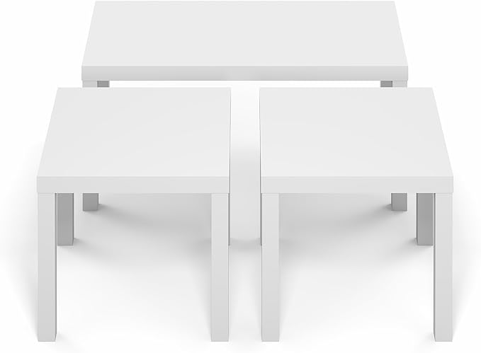 Furinno Classic Living Room Table Set of 3, Modern Rectangle Coffee Table with 2 Side Tables, End Tables, 1.65 Inch Thick Tabletop for Living Room, Home Office, White