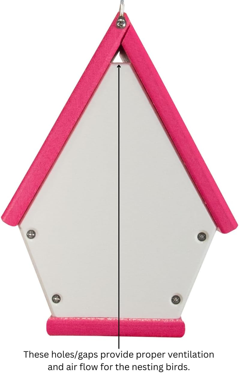 Recycled Poly Lumber Wren Chateau Birdhouse - Made in The USA - Perfect Garden and Backyard Birdhouse for Wrens, Chickadees, and Warblers! (Pink/White)