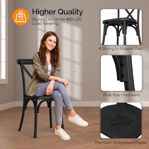 VINGLI Plastic Outdoor Dining Chairs Set of 6, Stackable Patio Dining Chairs with X Back, Waterproof Kitchen & Dining Room Chairs for Indoor-Outdoor, Capacity 402 lbs, Black