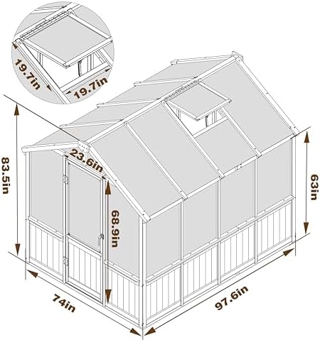 mupater 6 x 8 ft wooden polycarbonate greenhouse shown in use