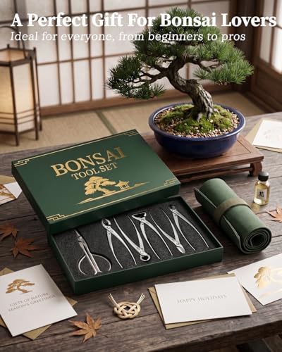 6-piece bonsai tools set with tool roll bag shown in use