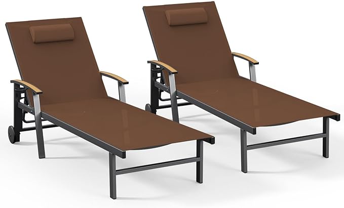 Ciokea Outdoor Lounge Chair with Pillow Set of 2, 5-Position Aluminum Chaise Lounge with Wheels & Armrests, 400 lbs Heavy Duty Patio Pool Chair for Backyard, Deck, Beach & Poolside, Brown
