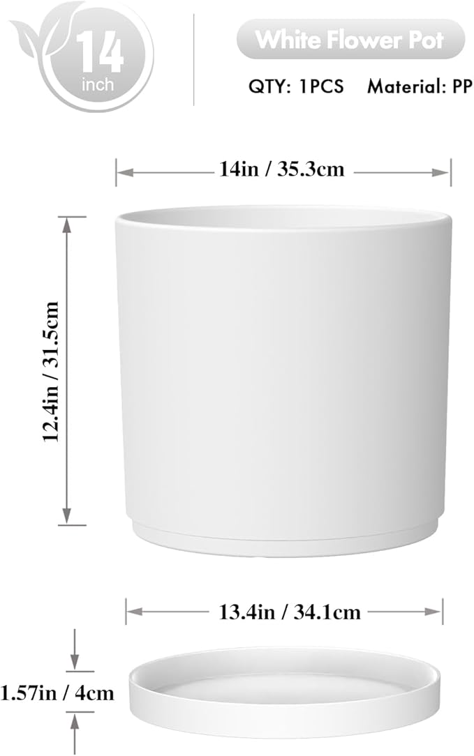 14 Inch Heavy-Duty Cylinder Deep Planter for Indoor Outdoor Plants, Tall Large Plastic Plant Pot with Drainage Holes and Saucer, Decorative Flower Pot for Patio Garden, White