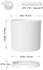 14 Inch Heavy-Duty Cylinder Deep Planter for Indoor Outdoor Plants, Tall Large Plastic Plant Pot with Drainage Holes and Saucer, Decorative Flower Pot for Patio Garden, White
