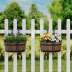 hanging flower pots with drainage holes, wooden railing, close-up detail