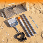sand flea rake with beach mesh shovel, detachable shown in use